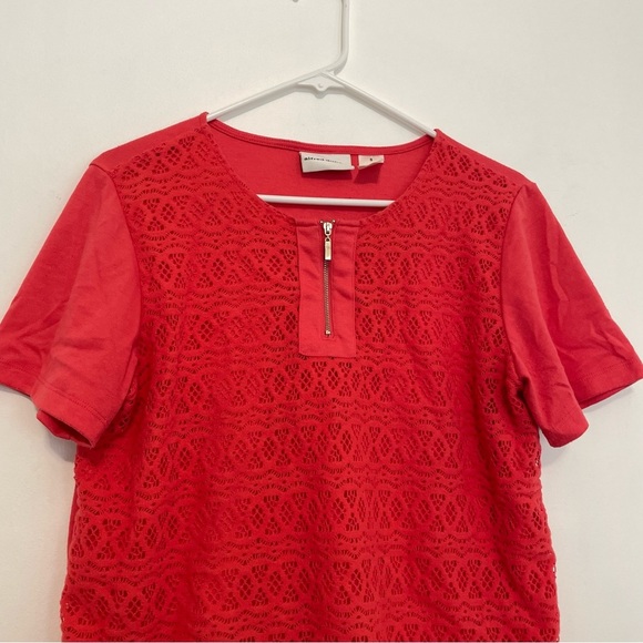 ALFRED DUNNER Coral Red Crochet Lace Overlay 1/4 Zip Zipper Short Sleeve Blouse - Picture 4 of 15
